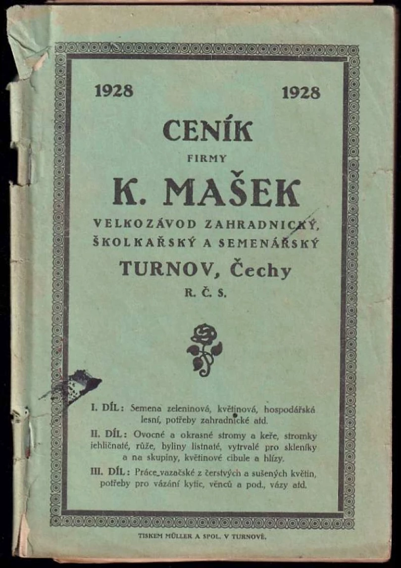 Ceník firmy K. Mašek - velkozávod zahradnický, školkařský a semenářský Turnov (, 1928)