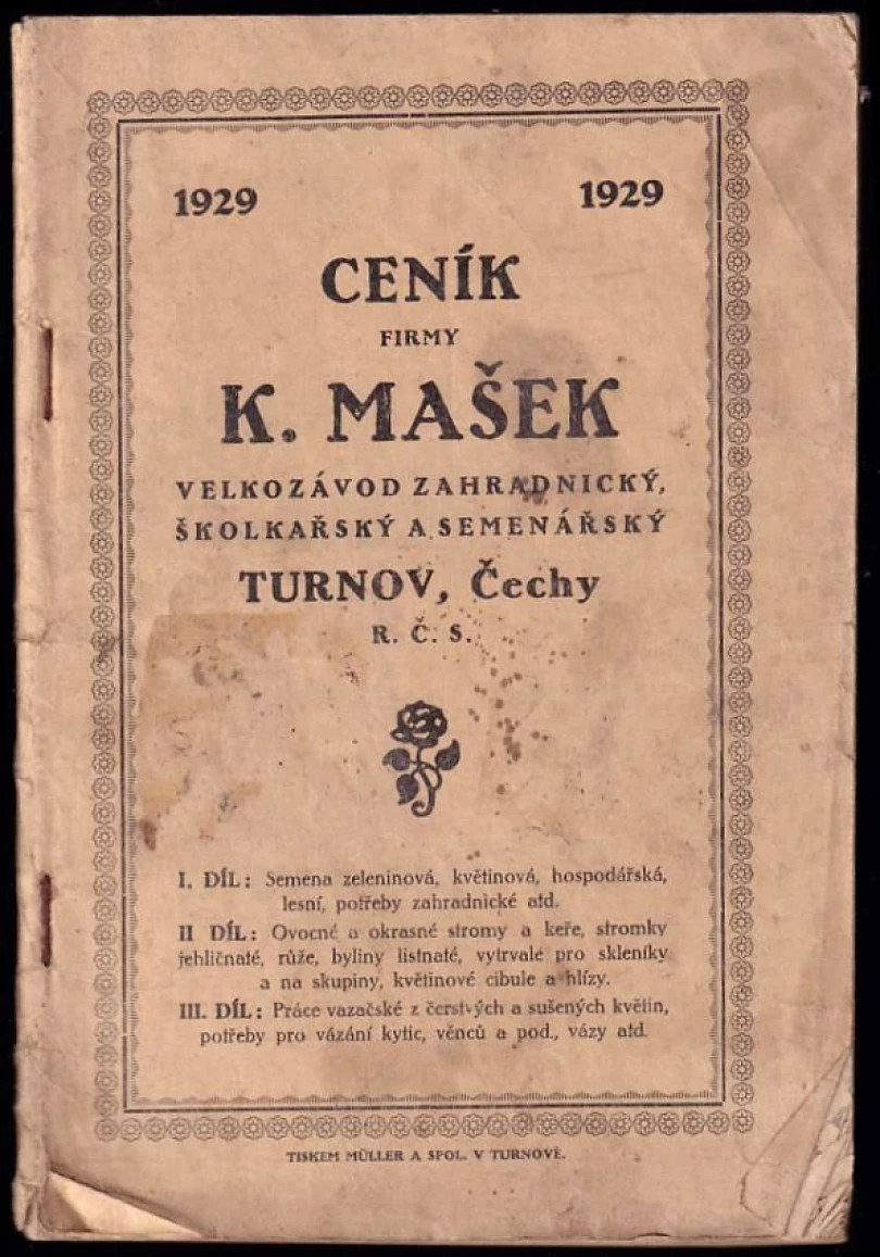 Ceník firmy K. Mašek - velkozávod zahradnický, školkařský a semenářský Turnov (, 1929)