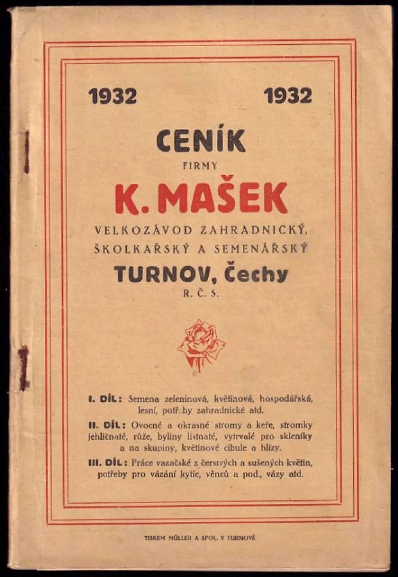 Ceník firmy K. Mašek - velkozávod zahradnický, školkařský a semenářský Turnov (, 1932)