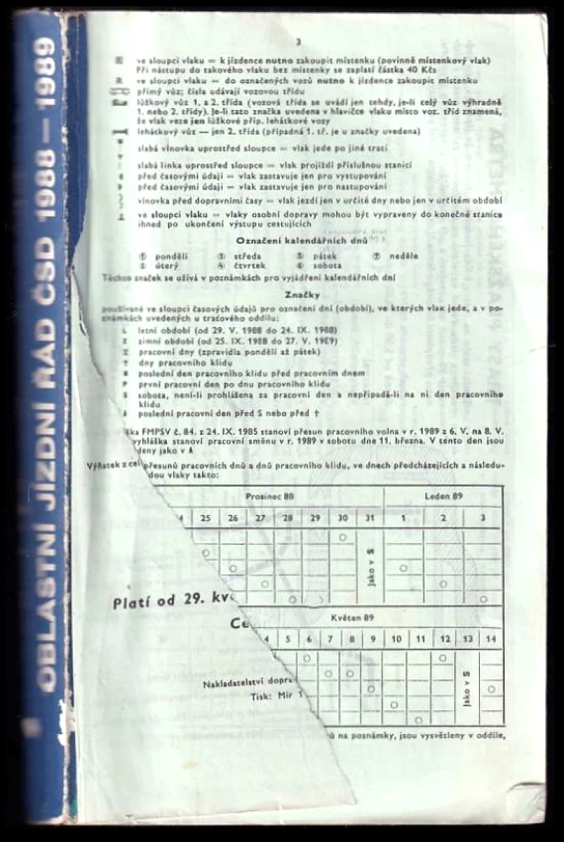 Oblastní jízdní řád ČSD 1988/89 (, )