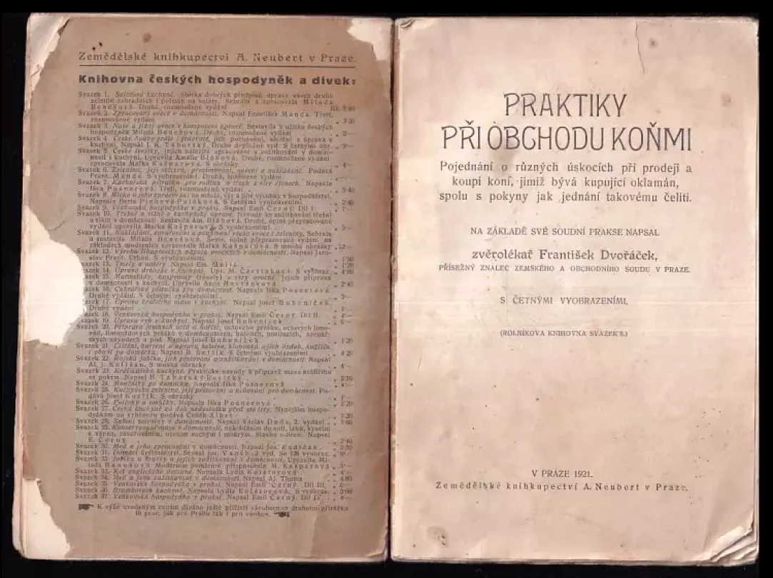 Praktiky při obchodu koňmi : pojednání o různých úskocích při prodeji a koupi koní, jimiž bývá kupující oklamán, spolu s pokyny, jak jednání takové...