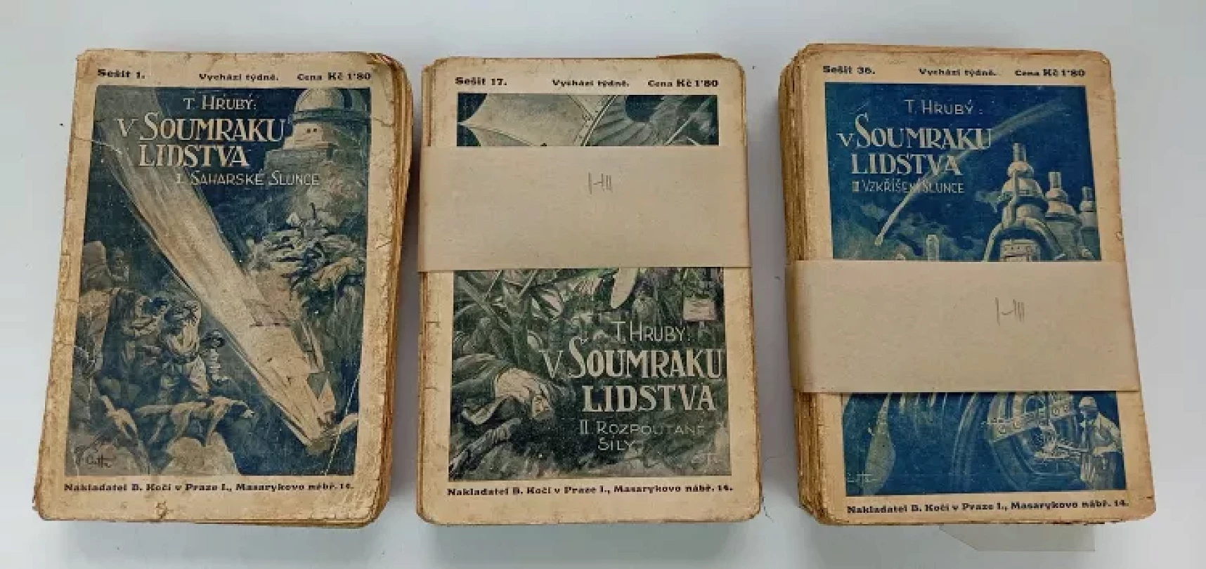 V soumraku lidstva : Díl 1-3 Saharské slunce + Rozpoutané síly + V soumraku lidstva CHYBÍ SEŠIT 38 (Tomáš Hrubý, 1927)