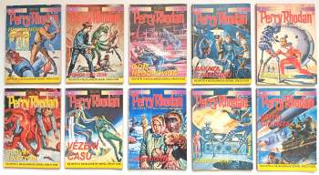 10X PERRY RHODAN - SCI-FI - Rhodanův souboj + Pomoc pro Zemi + Gom neodpovídá + Nákaza z Aralonu + Zářící kupole + Člověk a netvor + Vězení času + Sbor mutantů + Soumrak bohů + Přítel giganta