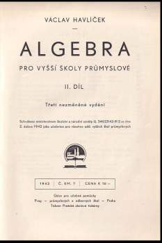 Václav Havlíček: Algebra pro vyšší školy průmyslové