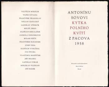 Ladislav Fikar: Antonínu Sovovi kytka polního kvítí z Pacova 1958