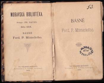 Josef Kalus: Básně Ferd. P. Místeckého + Oblaky + Světlušky - SVÁZÁNO DO JEDNOHO SVAZKU