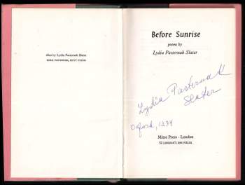 Lydia Pasternak Slater: Before Sunrise: Poems
