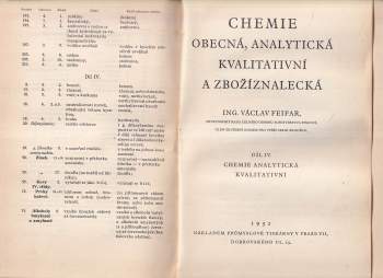 Václav Feifar: Chemie obecná, analytická kvalitativní a zbožíznalecká, Díl I, II + Díl III. + díl IV.
