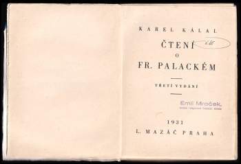 Karel Kálal: Čtení o Fr. Palackém