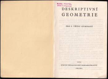 Anton Dubec: Deskriptivní geometrie pro I. třídu gymnasií