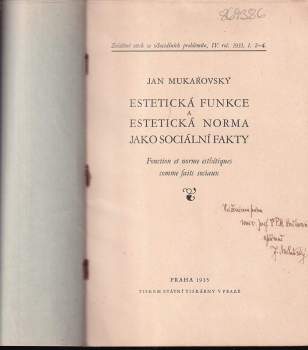 Jan Mukařovský: Estetická funkce a estetická norma jako sociální fakty
