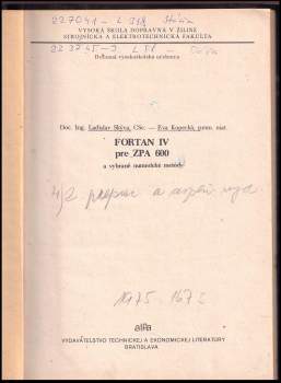 Ladislav Skýva: Fortran IV pre ZPA 600 a vybrané numerické metódy