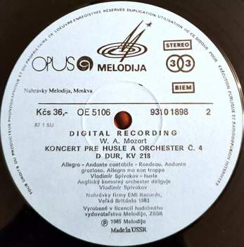 Wolfgang Amadeus Mozart: Koncerty Pre Husle A Orchester Č. 1 B Dur KV 207 / Č. 4  D Dur KV 218