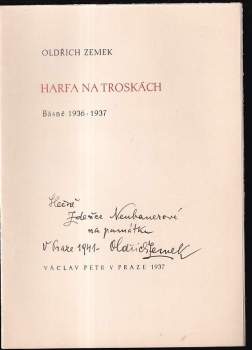 Oldřich Zemek: Harfa na troskách PODPIS A DEDIKACE OLDŘICH ZEMEK