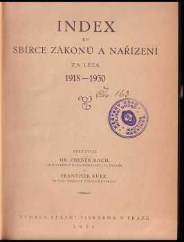 Zdeněk Mach: Index ke Sbírce zákonů a nařízení za léta 1918-1930