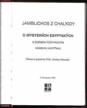 Iamblichos: O mysteriích egyptských ; s Dopisem Porfyriovým Anebonu Egypťanu