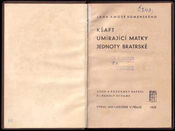 Jan Amos Komenský: Jana Amose Komenského Kšaft umírající matky Jednoty bratrské
