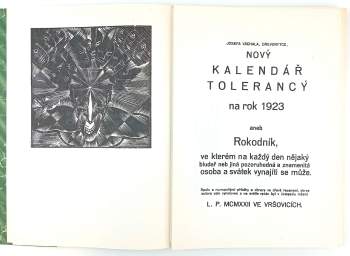 Josef Váchal: Josefa Váchala, dřevorytce, Nový kalendář tolerancý na rok 1923, aneb Rokodník, ve kterém na každý den nějaký bludař neb jiná pozoruhodná a znamenitá osoba a svátek vynajíti se může