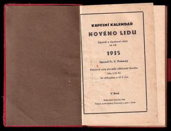 František V. Pokorný: Kapesní kalendář Nového lidu, zápisník a všeobecný rádce na rok 1935
