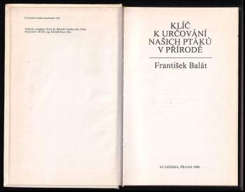 František Balát: Klíč k určování našich ptáků v přírodě