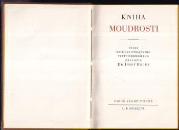 Josef Heger: Kniha moudrosti + Kniha Ježíše Siracha