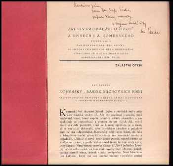 Antonín Škarka: Komenský - básník duchovních písní - Metodologické poznámky a úvahy, kizzy k chystané monografii o Komenském básníku) - DEDIKACE / PODPIS ANTONÍN ŠKARKA