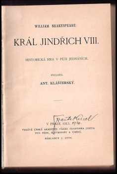 William Shakespeare: Král Jindřich VIII., Titus Andronicus, Perikles
