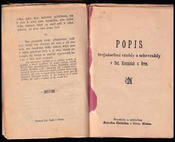 Josef Chládek: Krátký popis o zavraždění ruského cára Alexandra II. dne 13. března 1881 + Popis desateronásobné vraždy která spáchána byla sedmi vrahy, v Červeném mlýně + Popis trojnásobné vraždy a sebevraždy v Dol. Kounicích u Brna + Píseň o hrozné vraždě a sebevraždě v Dolních Kounicích u Brna + Popis o hrozné vraždě - u Píseň o hrozné vraždě která byla spáchána ze žárlivosti o štědrém v obci Starkoči u Náchoda + Popis o šesteronásobné krvavé vraždě, kterou spáchal otec na své manželce... a další dle fotek