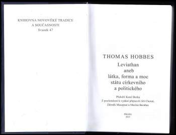 Thomas Hobbes: Leviathan, aneb, Látka, forma a moc státu církevního a politického