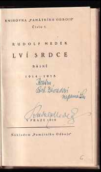 Rudolf Medek: Lví srdce - básně 1914-1918 - DEDIKACE RUDOLF MEDEK