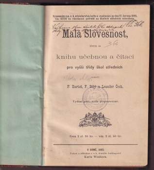 Malá slovesnost, kterou za knihu učebnou a čítací pro vyšší třídy škol středních