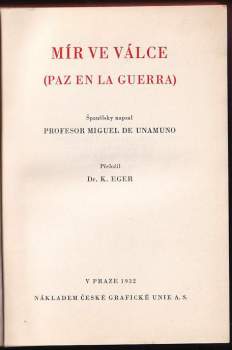 Miguel de Unamuno: Mír ve válce