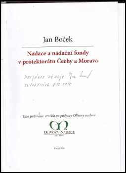 Jan Boček: Nadace a nadační fondy v protektorátu Čechy a Morava
