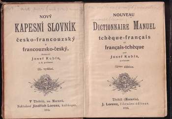 Josef Štefan Kubín: Nový kapesní slovník česko- francouzský a francouzsko- český