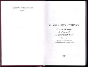 Filón z Alexandreie: O stvoření světa ; O gigantech ; O neměnnosti boží : řecko-česky