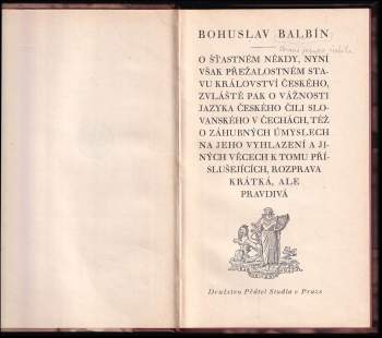 Bohuslav Balbín: Obrana jazyka slovanského zvláště českého