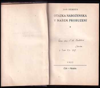 Jan Herben: Otázka náboženská v našem probuzení - DEDIKACE JAN HERBEN + Václava Matěje Krameria Vybrané práce