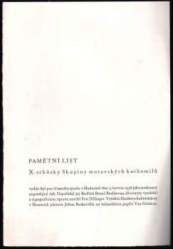 Bedřich Beneš Buchlovan: Pamětní list desáté schůzky Skupiny moravských knihomilů v Hodoníně 5. června 1938