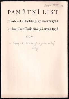 Pamětní list desáté schůzky Skupiny moravských knihomilů v Hodoníně 5. června 1938