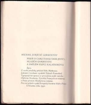 Michail Jur'jevič Lermontov: Píseň o caru Ivanu Vasiljeviči, mladému gardistovi a smělém kupci Kalašnikovu