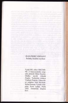 Jean-Pierre Vernant: Počátky řeckého myšlení