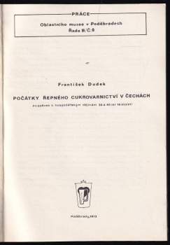 František Dudek: Počátky řepného cukrovarnictví v Čechách