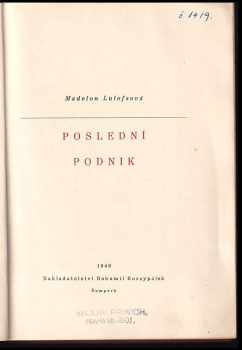 M. H Székely-Lulofs: Poslední podnik