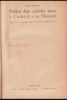 Alois Jedlička: Přehled dějin selského stavu v Čechách a na Moravě