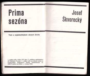 Josef Škvorecký: Prima sezóna