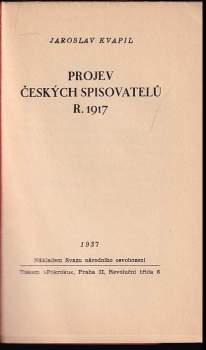 Jaroslav Kvapil: Projev českých spisovatelů r. 1917