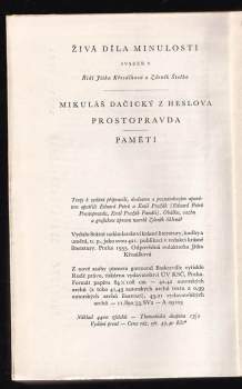 Mikuláš Dačický z Heslova: Prostopravda ; Paměti