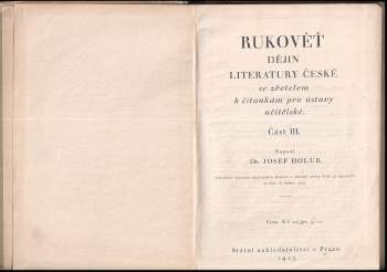 Josef Holub: Rukověť dějin literatury české se zřetelem k čítankám pro ústavy učitelské