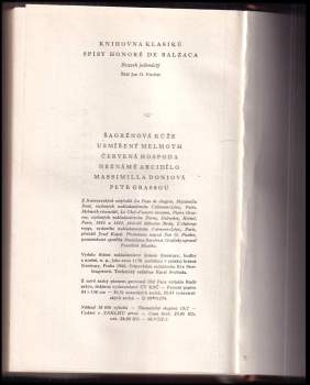 Honoré de Balzac: Šagrénová kůže ; Usmířený Melmoth ; Červená hospoda ; Neznámé arcidílo ; Massimilla Doniová ; Petr Grassou