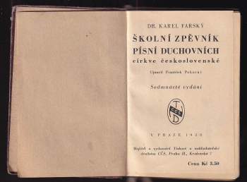 Karel Farský: Školní zpěvník písní duchovních Církve československé